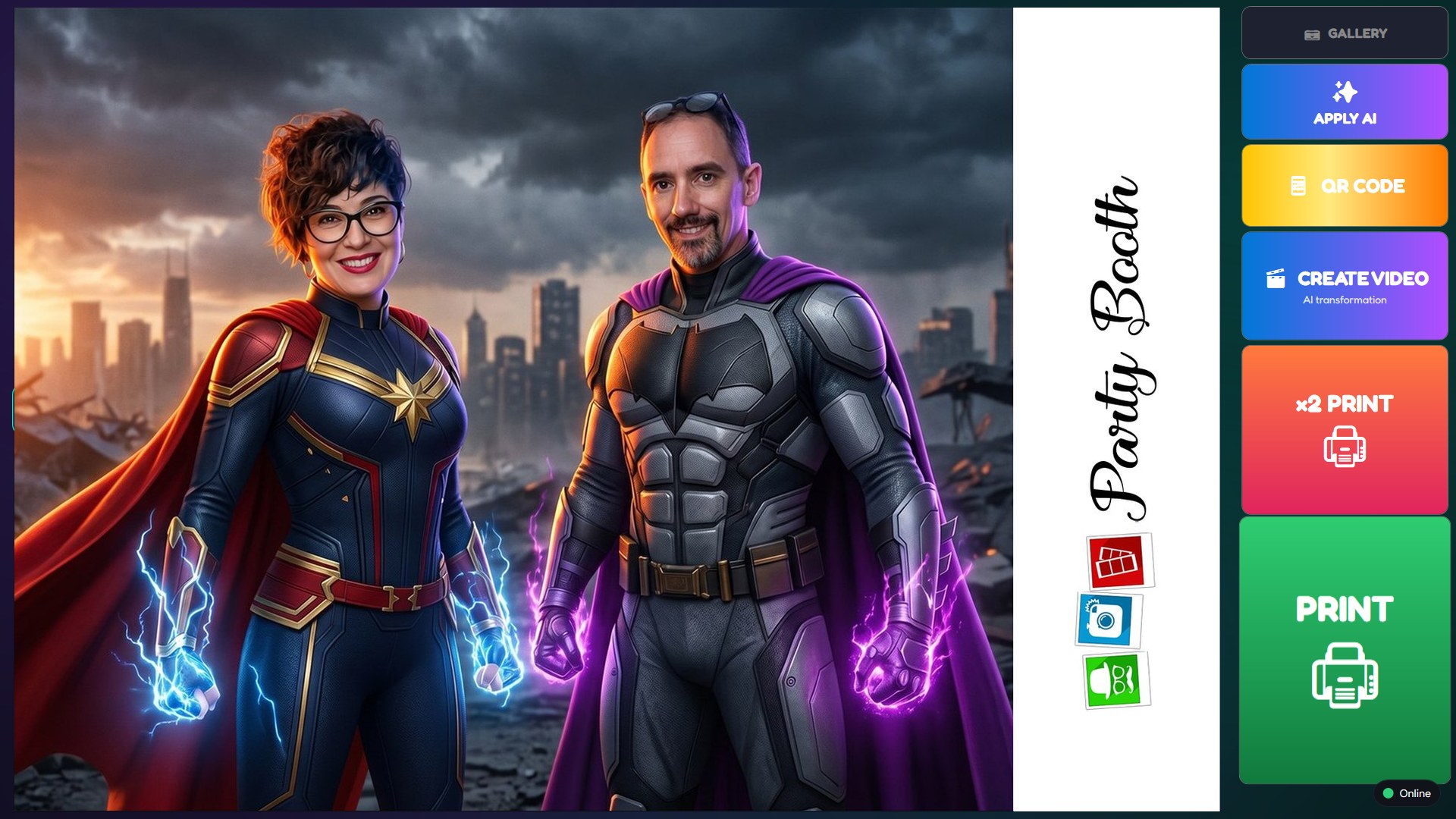 La pantalla de PartyBooth: la foto del invitado convertida en superhéroe; a la derecha los botones Gallery, Apply AI, QR code, Create video y Print